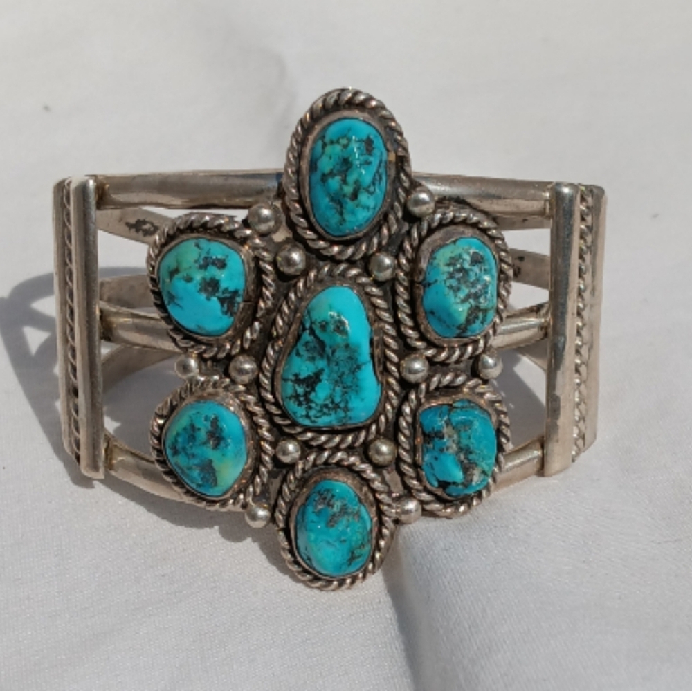 Native American Turquoise Flower Cluster Sterling Silver Cuff Bracelet